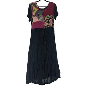 S. Roberts Vintage Patchwork‎ Crinkle Maxi Dress Sz M Short Sleeve Artsy 80s 90s